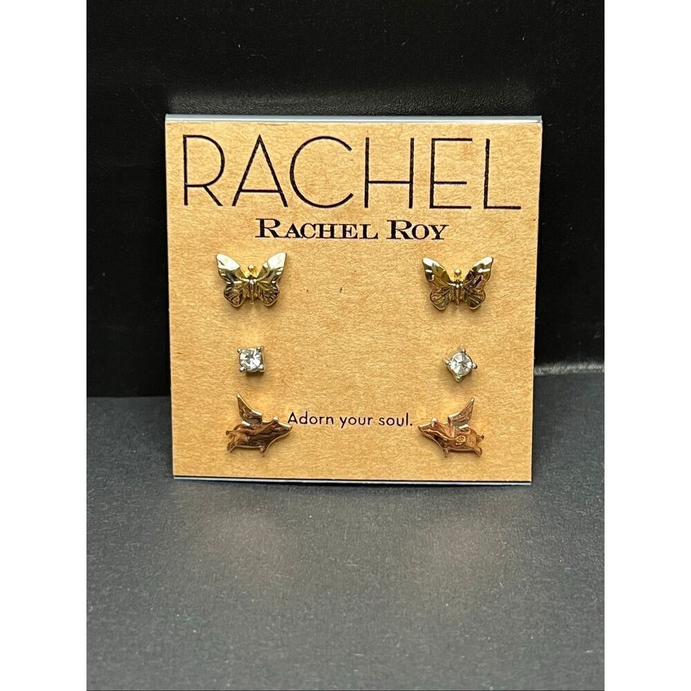 New! RACHEL Rachel Roy Gold Tone Butterfly Rhinestone Crystal Winged Pig Studs